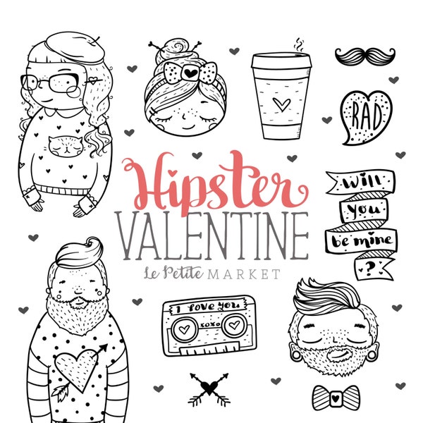 Hipster Valentine Clip Art Set, Hipster Valentine Clipart, Hipster Illustrations, Hipster Graphics Cute Hipster Clipart Coffee Heart Mixtape