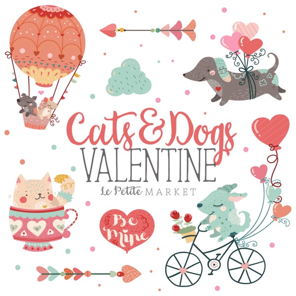 Cute Animal Valentine Clip Art, Cat Valentine Clip Art, Dog Valentine Clip Art, Cute Valentine Clipart Set, Valentine Illustration
