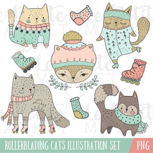 Könnte beinhalten: Ein Set digitaler Illustrationen mit niedlichen Katzen, die Rollschuh laufen. Die Katzen tragen Winterkleidung, darunter Mützen, Schals und Pullover. Die Illustrationen sind im Cartoon-Stil gehalten und eignen sich perfekt für die Verwendung in digitalem Scrapbooking, Kartenherstellung oder anderen kreativen Projekten.