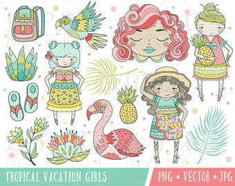 Cute Tropical  Girls Clipart Set, Tropical Clip Art Set, Hawaiian Clipart, Fashion Girls Clip Art Flamingo Pineapple Paradise Hawaii Luau