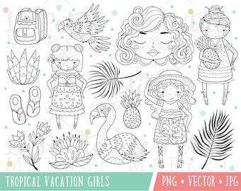 Tropical Vacation Girls Clipart Set, Tropical Clip Art Set, Vacation Clipart, Fashion Girls Clip Art Flamingo Palm Fronds Pineapple Paradise