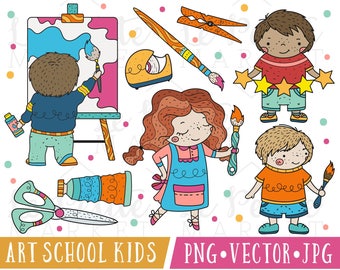 School Kids Clipart Instant Download Printable, Art Class, Classroom Clip Art, Back to School Children Painting, Clipart for Teachers PNG