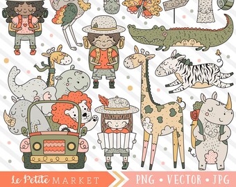 Cute Safari Clipart Set, Jungle Animals Clip Art, Safari Kids Adventure Digital Designs, Lion Alligator Zebra Giraffe Rhino, Vector Graphics