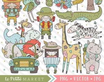 Cute Safari Clipart Set, Jungle Animals Clip Art, Safari Kids Adventure Digital Designs, Lion Alligator Zebra Giraffe Rhino, Vector Graphics