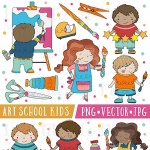 School Kids Clipart Instant Download Printable, Art Class, Classroom Clip Art, Back to School Children Painting, Clipart for Teachers PNG