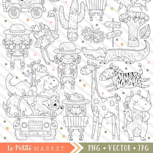 Safari Clipart Set, Ilustraciones De Safari, Cute Explorer Kids Clip Art, African Animals Clipart Digital Stamps, Hand Drawn Lion Giraffe Zebra