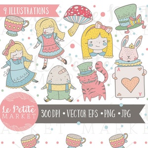 Alice in Wonderland Clip Art Set, Girls Clipart, Clip Art for Girls, Rabbit, Cheshire Cat, Tea Time Clip Art, Birthday Baby Shower Party
