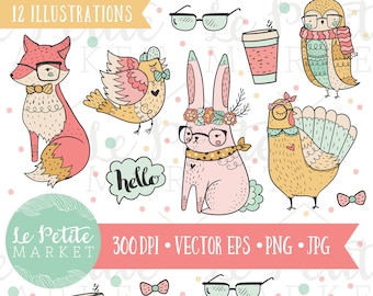 Cute Spring Hipster Animals Clip Art Set, Hipster Fox, Hipster Owl, Hipster Rabbit Clip Art, Hipster Illustration, Hipster Planner Clip Art