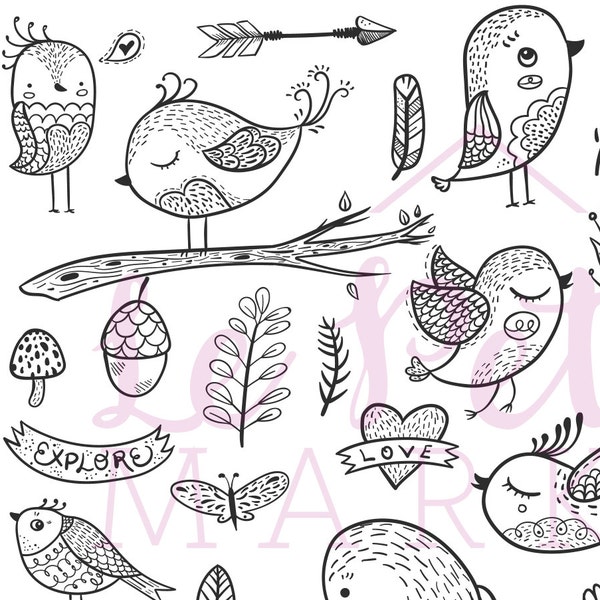 Hand Drawn Cute Bird Clip Art Set, Hand Drawn Birds, Bird Illustrations, Flowers, Bird Clipart, Doodles Printable png
