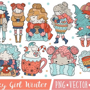 Cute Cozy Girl Clipart, Dark Skinned Girl Clipart, Winter Girl Clipart Images, Holiday Girl Clipart, Christmas Girl Clipart Set image 1