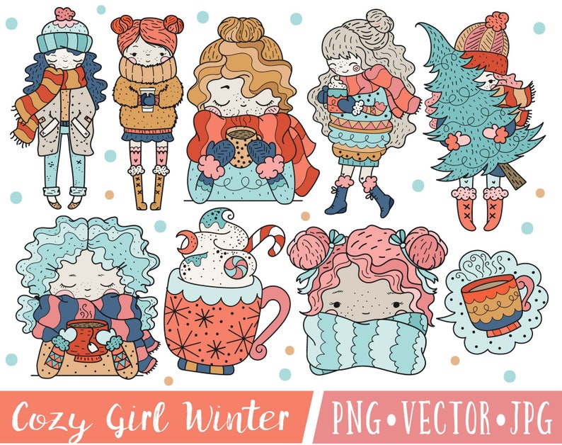 Cute Cozy Girl Clipart, Dark Skinned Girl Clipart, Winter Girl Clipart Images, Holiday Girl Clipart, Christmas Girl Clipart Set image 1