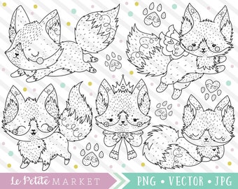 Kawaii Fox Clipart, Cute Fox Clip Art, Digital Stamps, Fox Dog Clipart, Kawaii Clipart, Commercial Use Clipart, PNG, Vector Clipart Graphics