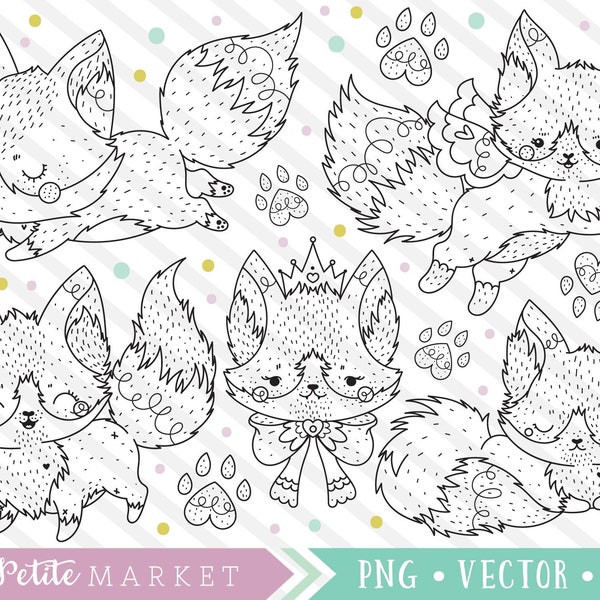 Kawaii Fox Clipart, Cute Fox Clip Art, Digital Stamps, Fox Dog Clipart, Kawaii Clipart, Commercial Use Clipart, PNG, Vector Clipart Graphics