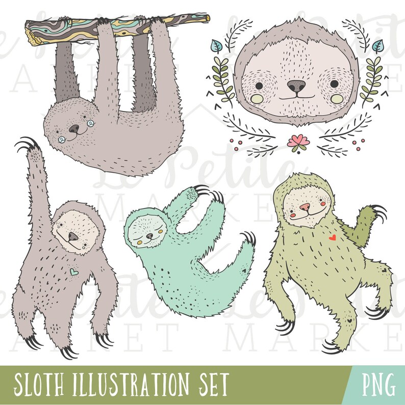 Sloth Clipart Illustration Set, Cute Sloths for Scrapbooking Printables, Hand Drawn Clip Art Animals image 1