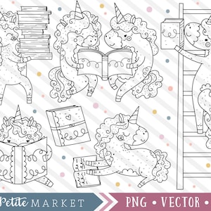 Niedlichen Einhorn Clipart Illustration Set, Einhorn-Designs, süße Bibliothek Clipart, digitale Briefmarken von Hand gezeichnet, Clipart, lesen Bücher Kawaii zu studieren