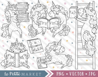 Cute Unicorn Clipart Illustration Set, Unicorn Designs, Cute Library Clipart, Digital Stamps Hand Drawn, Reading Clipart, Study Books Kawaii