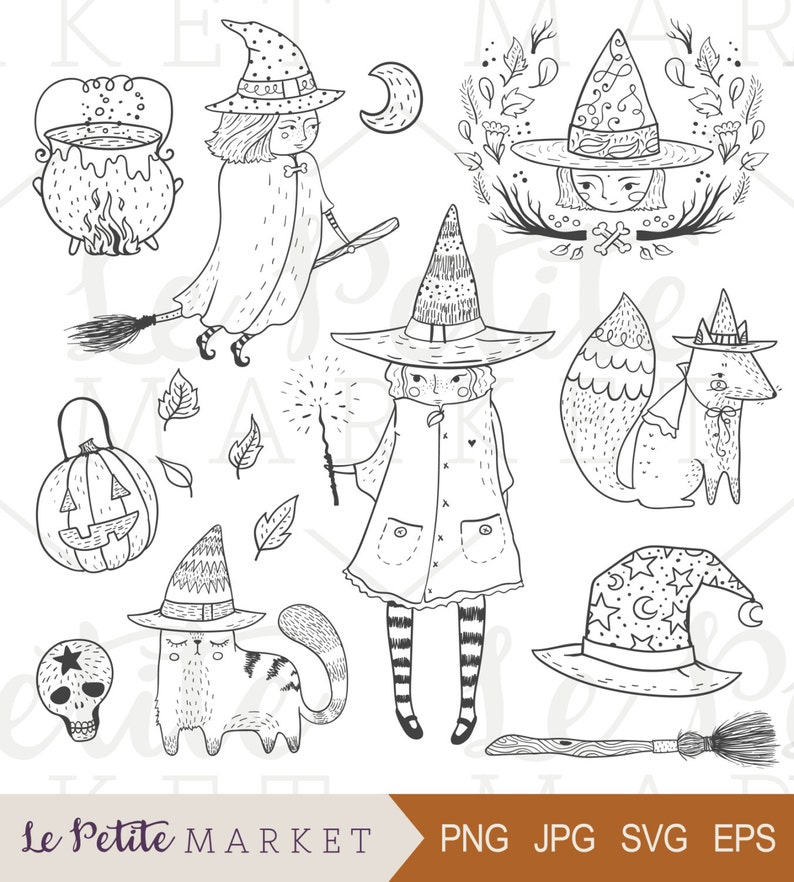 May include: A set of black and white illustrations featuring witches, cats, pumpkins, and other Halloween-themed elements. The illustrations are in a whimsical, hand-drawn style.