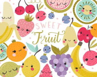 Fruit Clipart Instant Download Digital Files, Kawaii Fruit Clip Art Images, Fruit Designs, Lemon, Watermelon, Banana, Pineapple, Strawberry