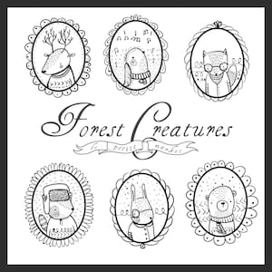 May include: Black and white illustration of six forest creatures in oval frames. The frames are decorated with swirls and dots. The creatures include a deer, a bird, a fox, a bear, a rabbit, and a raccoon. The text "Forest Creatures Le Petit Market" is written below the frames.