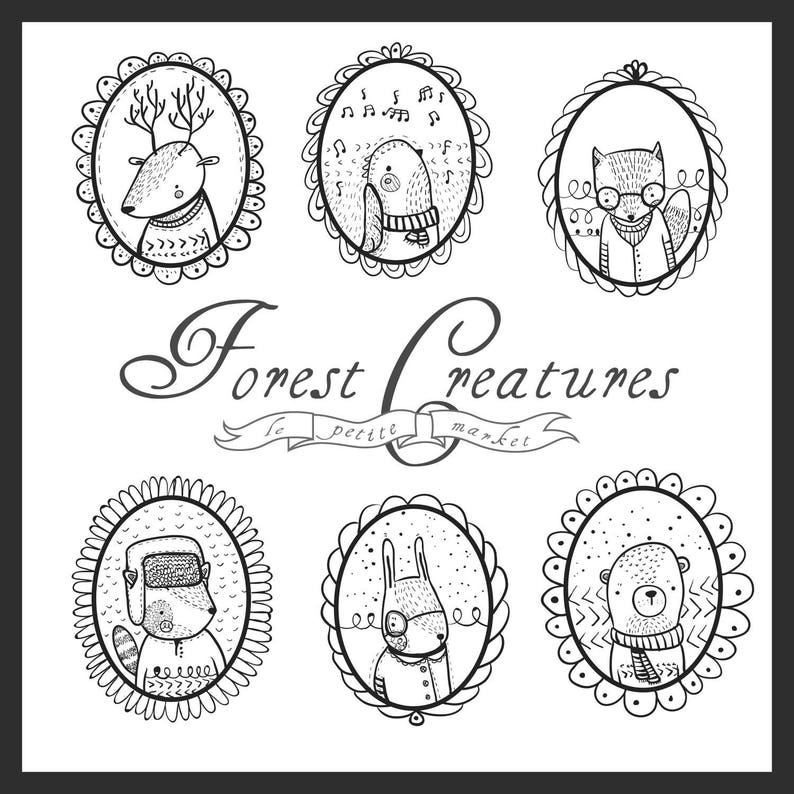 May include: Black and white illustration of six forest creatures in oval frames. The frames are decorated with swirls and dots. The creatures include a deer, a bird, a fox, a bear, a rabbit, and a raccoon. The text "Forest Creatures Le Petit Market" is written below the frames.