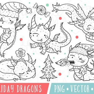Weihnachten-Drachen-Clipart-Bilder, niedlichen Urlaub Drachen Clip Art Set, Dragon digitale Briefmarken, Winter Drachen, Kawaii Dragon Clipart Bündel schwarzen Außenlinien