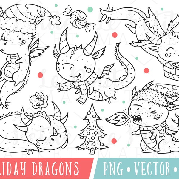 Christmas Dragons Clipart Images, Cute Holiday Dragons Clip Art Set, Dragon Digital Stamps, Winter Dragons, Kawaii Dragon Clipart Digistamp