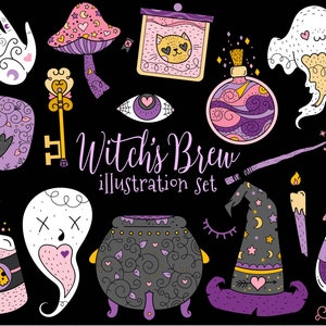 Op de afbeelding: Een verzameling grillige illustraties op een zwarte achtergrond, met een heksenhoed, drankflessen, een schedel, een spook en een ketel. De tekst "Witch's Brew illustration set" is ook opgenomen. Het kleurenpalet omvat paars, roze, geel en zwart.