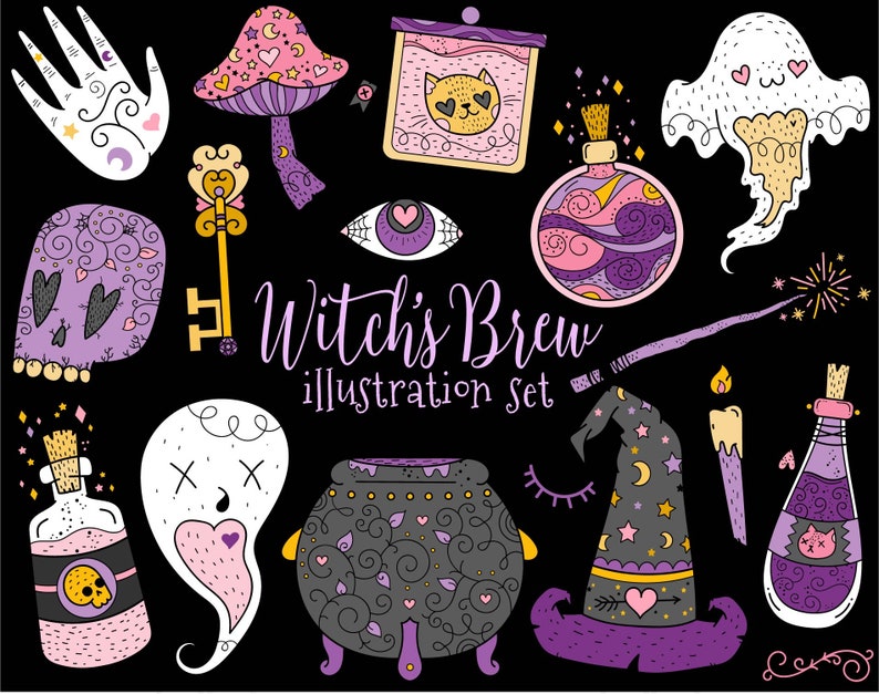 Op de afbeelding: Een verzameling grillige illustraties op een zwarte achtergrond, met een heksenhoed, drankflessen, een schedel, een spook en een ketel. De tekst "Witch's Brew illustration set" is ook opgenomen. Het kleurenpalet omvat paars, roze, geel en zwart.