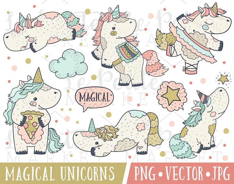 May include: A set of ten digital illustrations of magical unicorns in various poses. The unicorns are white with pastel pink, blue, and yellow accents. The illustrations are in a cartoon style and feature whimsical details like stars, clouds, and a speech bubble that says "Magical".