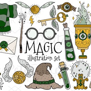 May include: A set of magical illustrations featuring a green and grey scarf, a wand, glasses, a key, a potion bottle, a sorting hat, a broom, and a crystal ball. The word "MAGIC" is written in the centre of the image.