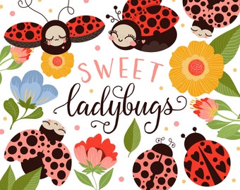 Ladybug Clipart Images, Cute Ladybug Clip Art Digital Illustrations, Floral Garden Clipart PNG Flowers, Heart Ladybugs, Summer Party Clipart