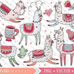 Llama Clipart Set, Cute Llama Clip Art Images, Llama Illustrations Cactus, Peru Alpaca Clipart Designs, Kawaii Llamas, Instant Download