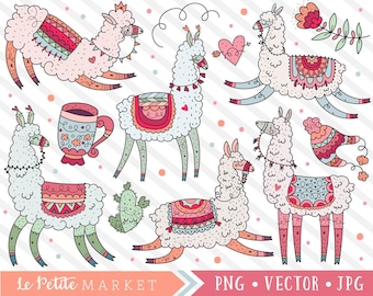 May include: A set of 8 colorful llama illustrations with geometric patterns and floral accents. The llamas are in various poses, including standing, sitting, and lying down. The illustrations are perfect for adding a touch of whimsy to any project.