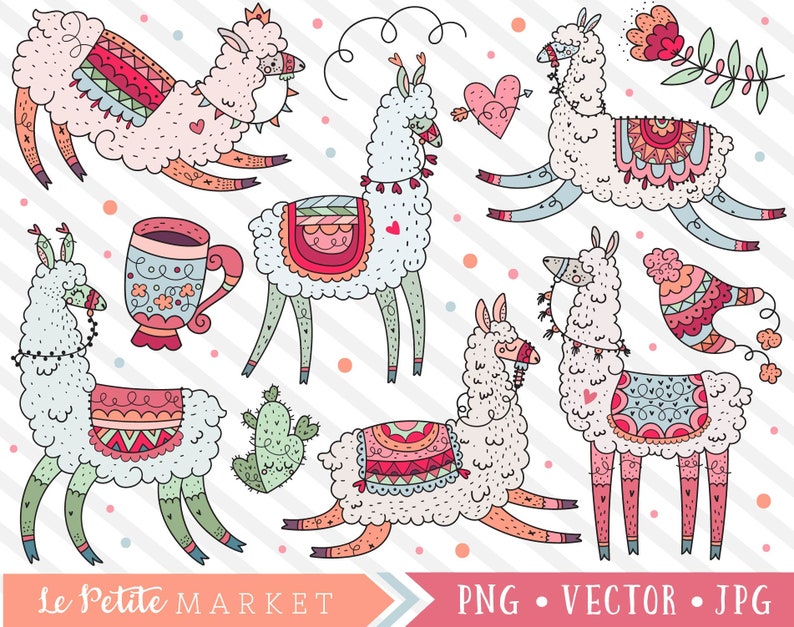 Llama Clipart Set, Cute Llama Clip Art Images, Llama Illustrations Cactus, Peru Alpaca Clipart Designs, Kawaii Llamas, Instant Download image 1