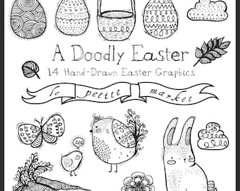 Handgezeichnete Ostern Clipart, Hase, Ei, Korb (Instant Download)