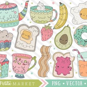 Könnte beinhalten: Ein Set mit 11 bunten Cartoon-Illustrationen von Frühstücksgerichten mit niedlichen Gesichtern. Die Illustrationen beinhalten eine Teekanne, eine Tasse Kaffee, eine Scheibe Toast, eine Erdbeere, eine Avocado, einen Donut, ein Spiegelei, ein Glas Orangensaft, einen Karton Milch, einen Cupcake und eine Scheibe Speck. Die Illustrationen sind perfekt für die Verwendung im Scrapbooking, zur Kartenherstellung oder für andere Bastelprojekte.