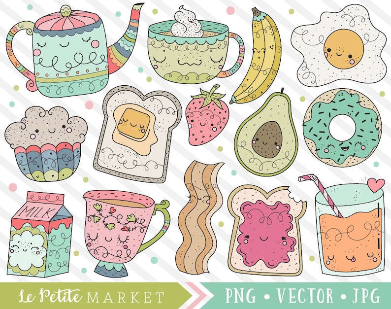 Cute Food Clipart, Breakfast Food Clip Art, Breakfast Designs, Kawaii ...