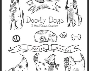 Doodly Cute dog Clipart, Dog Illustration, Hand Drawn Dog Clipart, Intant Download, Digital Scrapbooking Dogs, Dog Vector Graphics