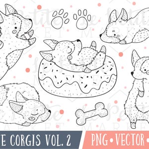 Digitale Corgi digitale postzegels, Kawaii Corgi Clipart, kwalitatief hoogwaardige clipartafbeeldingen, Corgi illustraties, schattige Corgi illustraties, commercieel gebruik