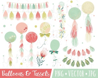 Pintado las borlas y conjunto de imágenes prediseñadas de globos, imágenes de Clipart de boda, imágenes prediseñadas fiesta bastante, menta y celebración rosa, borlas de la acuarela de Boho