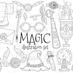 Zauberhafte Clipart Illustration-Set, Herbst Zauberer Zauberer ClipArt Bilder, digitale Briefmarken für Färbung Scrapbooking, Potter Hexe Clipart PNG