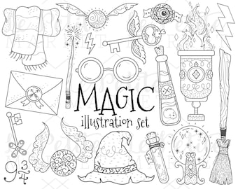 Magic Clipart Illustration Set, Autumn Wizard Magician Clip Art Images, Digital Stamps for Coloring Scrapbooking, Potter Witch Clipart PNG