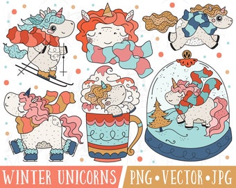 May include: A set of five winter-themed unicorn illustrations. The unicorns are wearing scarves and hats and are depicted in various activities, such as skiing, drinking hot chocolate, and being inside a snow globe. The illustrations are in a cartoon style and are perfect for use in winter-themed crafts and projects.
