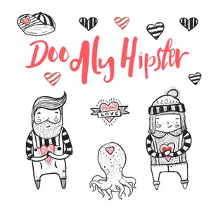 Hand Drawn Cute Hipster Heart Clipart Illustration, Printable Coloring Sticker, Digital Download Illustrated Clip Art, Octopus, Heart
