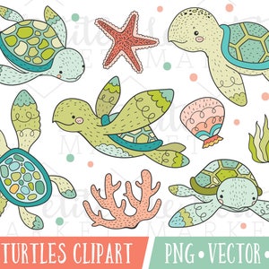 May include: A set of colorful sea turtle illustrations with coral, seaweed, and a seashell. The sea turtles are drawn in a cartoon style with bright colors and whimsical details. The illustrations are perfect for creating crafts, cards, or other projects.