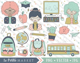 Conjunto de clipart de professor fofo, imagens de clipart de escola, ilustrações de professor, ônibus escolar, mochila, clipart de volta às aulas, material escolar