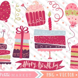 Happy Birthday Clipart Set, Gold Glitter Party Clip Art Images, Birthday Cake Illustrations Doodles, Sparkly Clipart, Heart Balloons Cupcake
