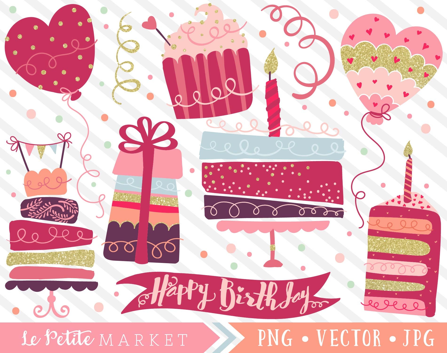 Happy Birthday Clipart Set Gold Glitter Party Clip Art | Etsy