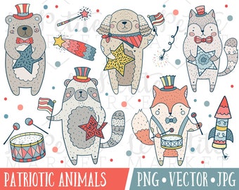 Fourth of July Clip Art Set, 4th of July Celebration Animals, Cute 4th of July Clipart, Patriotic Animals Clipart Images, Fox Raccoon Cat