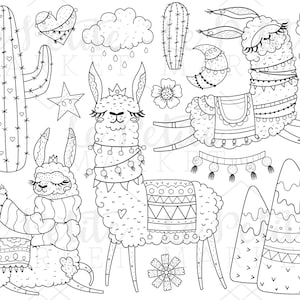 Juego de ilustraciones de Imágenes Prediseñadas de Llama, Lindas Imágenes prediseñadas de Alpaca, Sellos Digitales para Colorear Scrapbooking, Montañas de Llama PNGs dibujadas a mano
